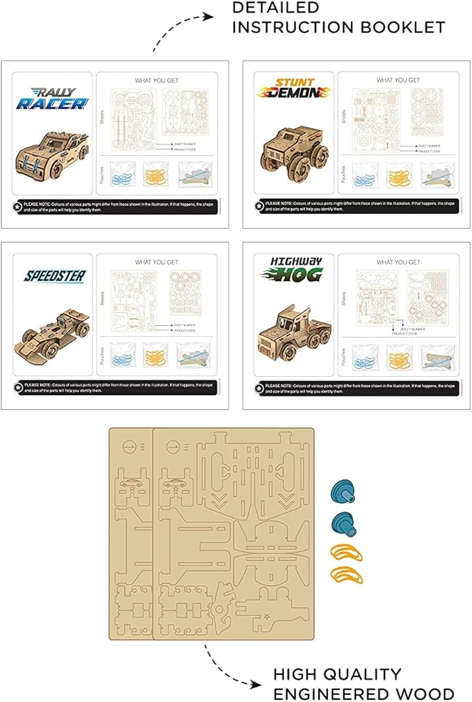 Smartivity Torque Busters 3D Wooden Car Engineering STEM Toy Building Set for Kids Ages 6 and Up Includes Rubber Bands Engineered Wood Components Instruction Manual Learner's Log