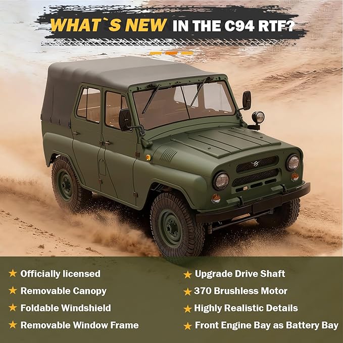 ARRIS 1/12 RC Crawler WPL C94 UAZ-469 Scale RC Rock Crawler 4x4 2.4GHz RTF Off-Road Truck 4WD Military RC Truck with Proportional Steering Hobby Grade Gift for Adults