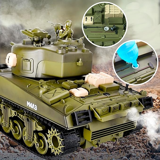M4A3 Sherman US Army Tank 1/18 RTR RC Armored Fighting Vehicle Airsoft BB Battle Water Bomb Shot Smoke Sound Light Recoil 2.4Ghz Vibration Controller WWII Military Model Classic Panzer Display