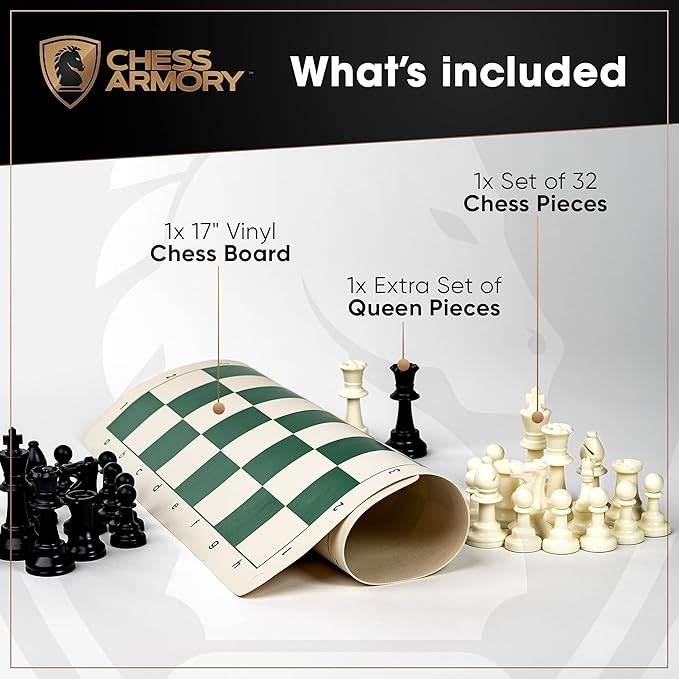 Chess Armory Roll Up Chess Set - 17 On-The-go Travel Chess Set - Vinyl Roll Up Portable Chess Board &amp 2 Extra Queens - Light and Mobile Chess Set - Play Chess Anywhere Anytime!