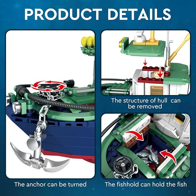 Fishing Boat Building Blocks Sets City Marine Theme Model Kit for Ocean Exploration and Sea Fishing Lovers Fishing Ship Toys for Adults Teens 14+ (582 PCS)