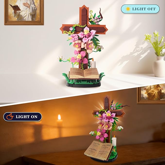 Jesus Cross SetFlower Building Block Set for Adults Faith Inspired Crucifix Brick Model with Floral Design Religious Home Desk Decor Christian Gift for Easter Prayer Room