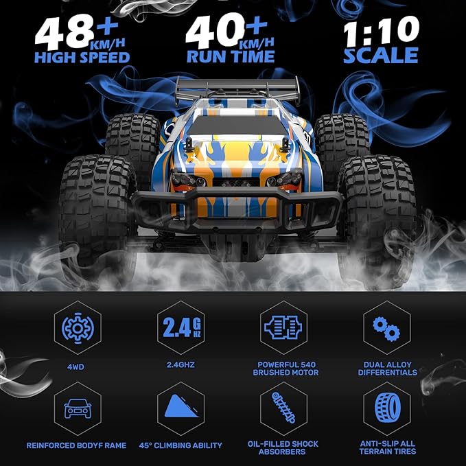 Holyton 1:10 Large High Speed Remote Control Car with LED Shell Lights 48+ KM/H 4WD Offroad Monster Truck for Adults &amp Kids Hobby RC Truck Vehicle 2 Battery Crawler Toy Gift for Boy