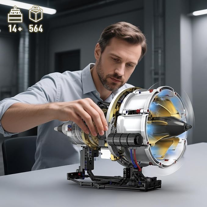 HIGH GODO Jet Engine Building Set Mini Engine Model Kit that Runs Visible Aircraft Turbofan Engine Kit with Motor Lights &amp App Control STEM Toys Gifts for Adults Teens Age 14+ (564 PCS)