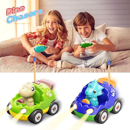 2 Pack Dinosaur Toys Remote Control Cars for Toddlers Ages 2 3 4 5 Christmas Birthday Gifts for 2-5 Year Old Boys Dinosaur RC Car Toys with Music and Lights (Green Blue)