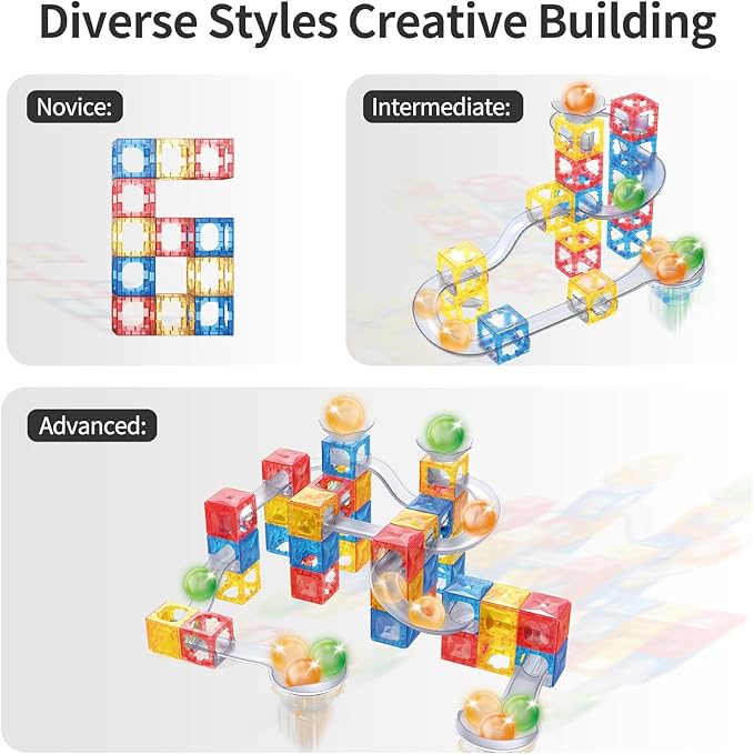 MIEBELY Magnetic Tiles 112 PCS Magnetic Maze Building Blocks Toy for Kids with Glowing Ball Magnet Marble Run Set STEM Education Toddler Toy Building Block Gifts for Boys and Girls 3 4 5 6 7 8 9