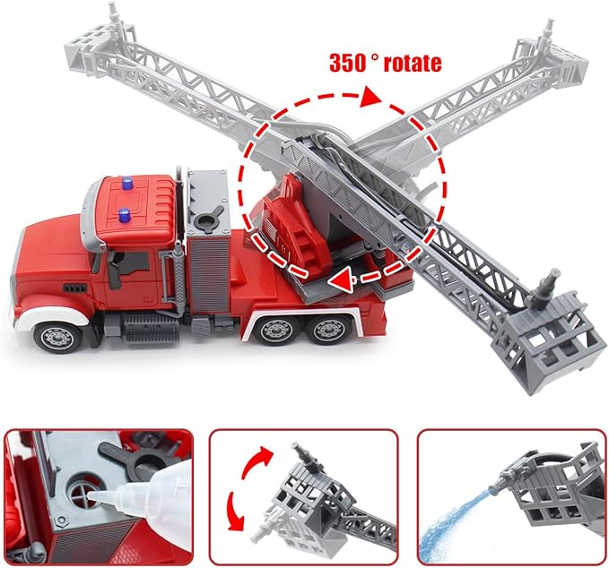 9 CH Remote Control Fire Truck Rc Fire Truck Toy Fire Truck with Lights Working Water Pump and Rotating Rescue Ladder 2.4G Firetruck Toy for Kids Boys Age 6-8 Gift