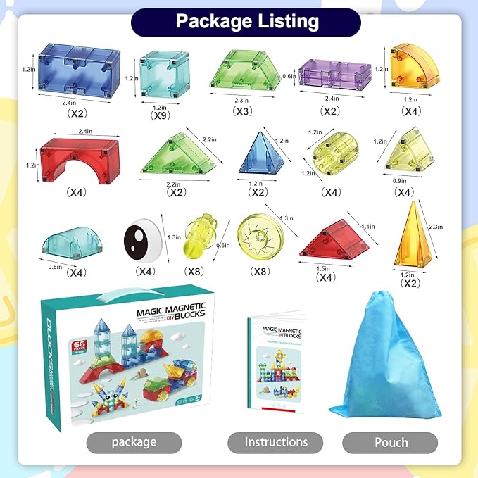 Magnetic Blocks66 Piece Translucent Building Blocks for 3+ Boys Girls Birthday GiftsMulti Shape Magnetic Cubes Preschool Classroom Educational Toys for 3-8 Year Old Kids STEM Activities