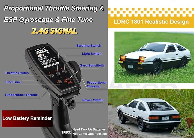 LDRC 1/18 RC Drift Car with Gyro RWD Drift RC Cars Hobby RTR with Drifting and Race Tires for Adult 2.4 GHz Proportional Throttle Steering ESP Gyroscope Metal Drive Shaft LD1801