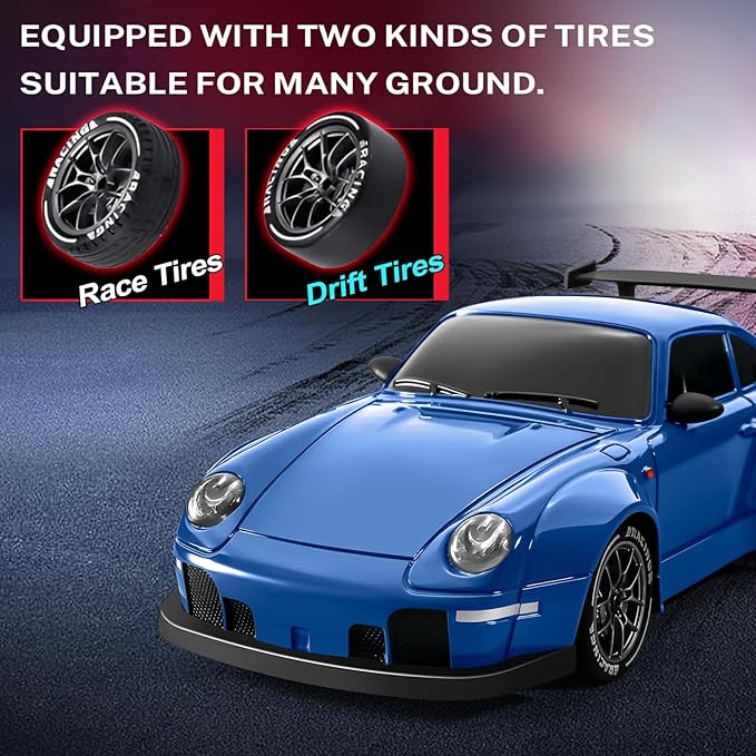 ACAMMZAR RC Drift Car 1:24 Remote Control Car for Kids 20KM/H 4WD High Speed RC Cars with LED Lights Two Batteries Extra Drifting Tires Vehicle for Adults Boys Girls Blue