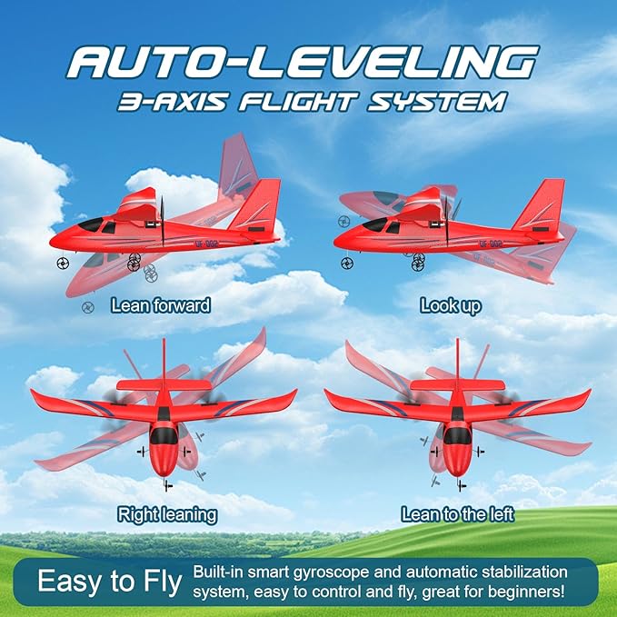 RC Airplane 2.4GHZ Remote Control Airplane 2CH RC Plane Hobby RC Airplanes Toy W/ 3 Batteries &amp Gyro Stabilizer Easy to Fly for Beginners Kids Boys Girls Adults (Red)