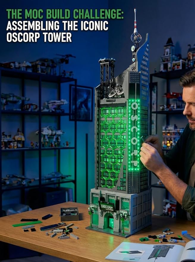 Spider Oscorp Tower Building Set for Adults - 40 Inch Tall Hero Tower Modular Building with Light &amp Helicopter Movie Daily House Architecture Gift for Christmas Collectors (6375 Pcs)