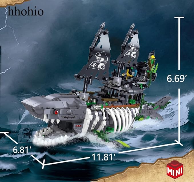 Pirate Ship Building Toys Creative Ghost Shark Pirate Ship Building Sets Jaws Model Ship Building Bricks Set for Kids(1155 PCS)