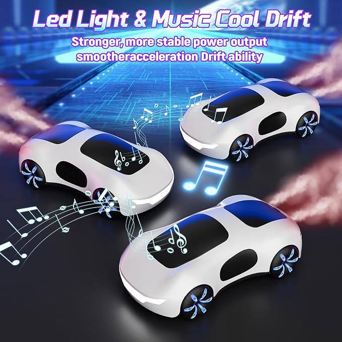 Remote Control Car Gesture Sensing RC Sunt Car 2.4GHz RC Drift Cars with Spray Light and Sound 360° Rotating Side Drifting RC Cars with 2 Batteries Birthday Gifts (White)