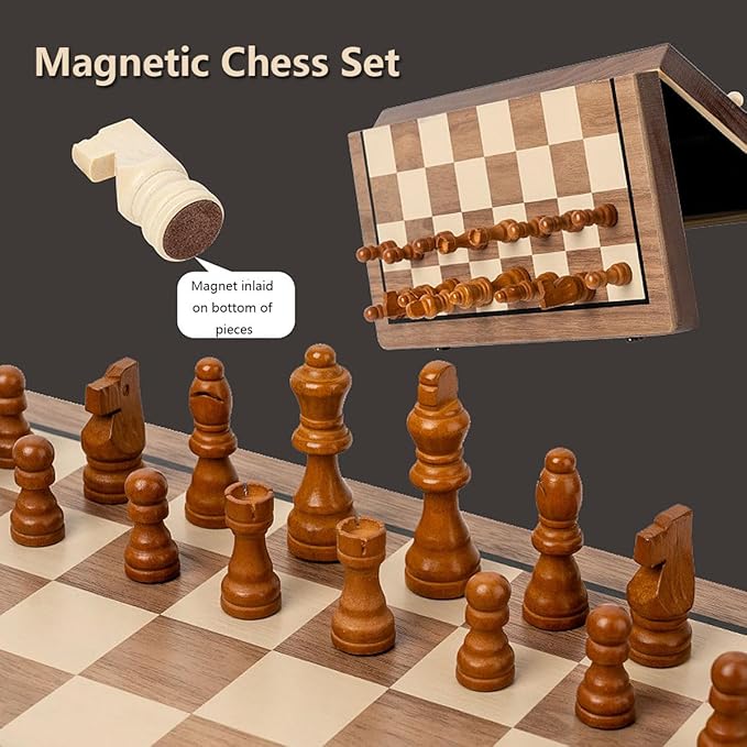 Chess Set 15'' Chess Board Wooden Magnetic Folding Chess Board Set for Adults &amp Kids Checkers Game for Kids Portable Travel Chess Game for Beginner 2 Extra Queens (Walnut Color)
