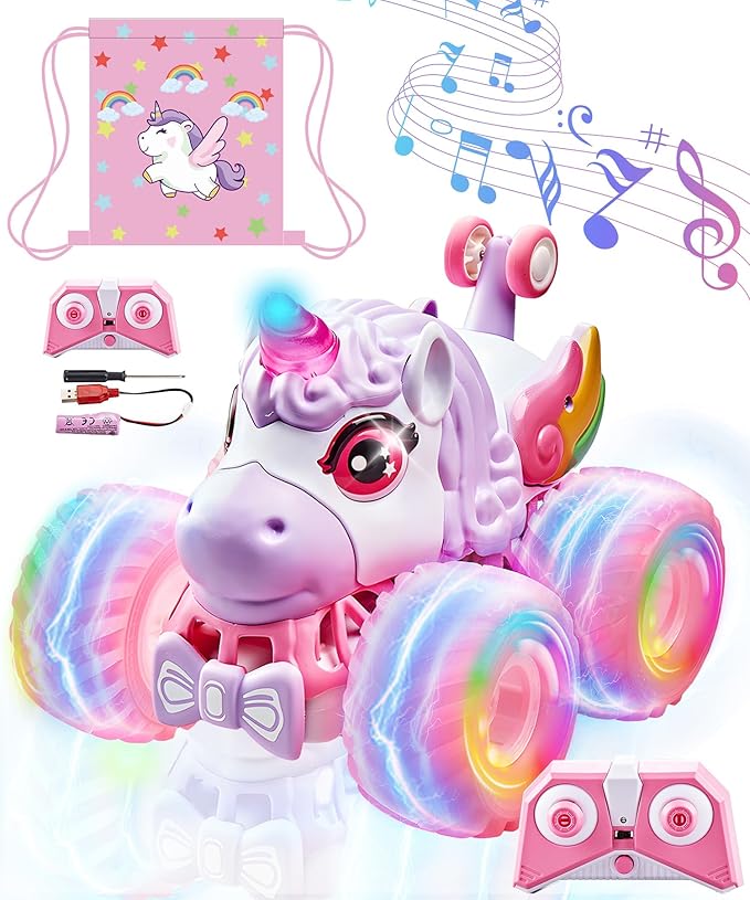Remote Control Car Unicornios Trucks with Lights and Music360°Rotating 4WD Stunt RC Cars Toys for Girls 2.4 GHz Rechargeable All Terrain RC Toys Presents for Girls Age 3-10 (With Storage Bag)