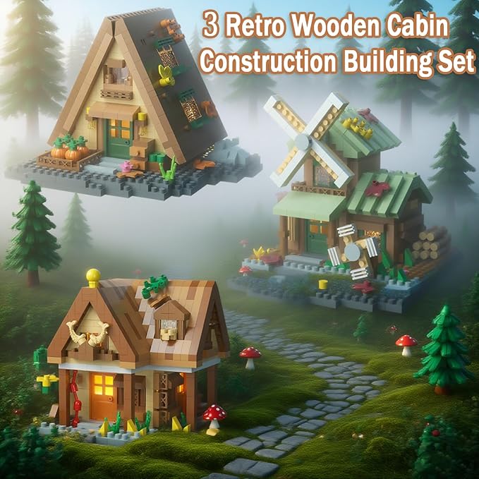 3 Mini Wooden Cabins Micro Building Blocks Toy Set A-Frame House-Mountain Treehouse-Windfall Architecture Kit Compatible with Lego Natural Construction Collection Gift for Adult Teen(2000+PCS)