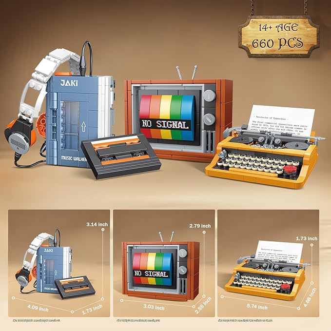 NUTCRACKER Typewriter Walkman Television Building Set - Nostalgic 80s Vintage Collectible Model Home Office Decor Retro Toy Building Set Easter Birthday Gifts for Adult Girls Boys 14+ (660 Pieces)