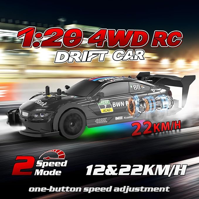 RC Drift Car 1/20 Scale 2.4GHz 4WD Remote Control Car with Led Lights 22KM/H High Speed Rechargeable Batteries Racing Sport Cars RC Cars for Kids Boys Girls Adults Gifts Birthday Christmas
