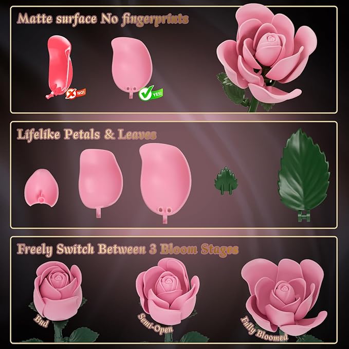 Pink Rose Building Flower Bouquet Set for Adults Compatible with Lego Flowers Artificial Plant Home Decor Creative DIY Building Toys Romantic Gifts for Her Birthday Valentine's Day Mother's Day