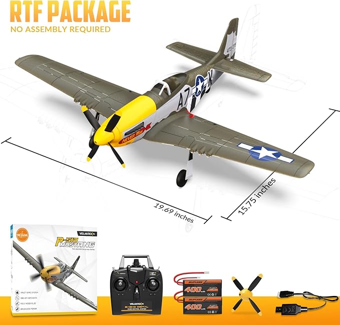 VOLANTEXRC Brushless 4CH RC Plane P51D Mustang 500mm Remote Control Airplane Fighter RTF with 6-Axis Gyro 3 Modes &amp Aerobatics 2.4GHz Radio Controlled Aircraft for Beginners &amp Adults