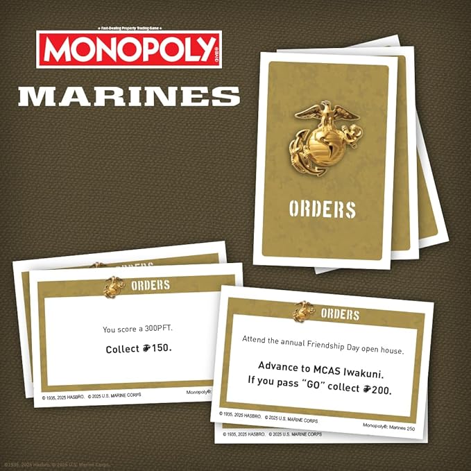 Monopoly: Marines 250th Anniversary Edition Celebrate 250 Years Buy Bases Worldwide and Upgrade with Tents &amp Barracks Play as Tokens: Combat Boots Bulldog &amp More Officially Licensed Merc
