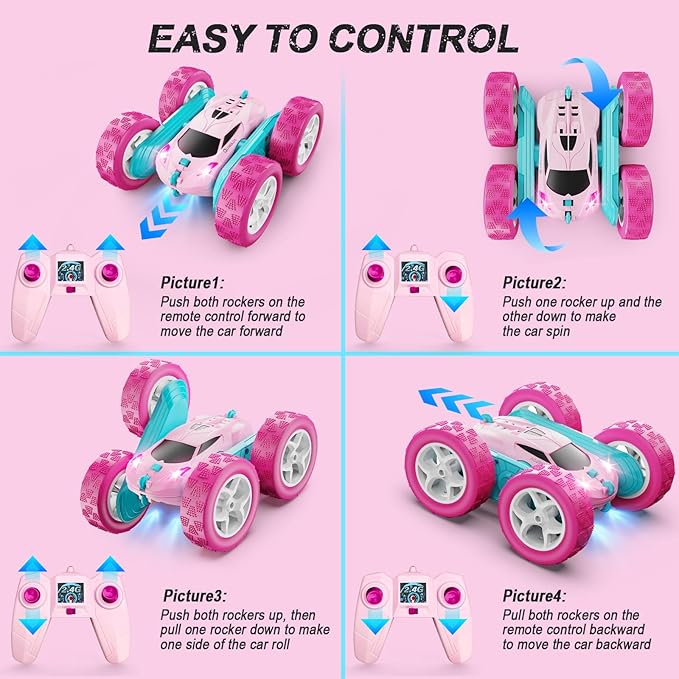 RC Cars Pink Remote Control Car for Girls 2.4 GHZ Double Sided RC Stunt Car 360° Rotating Remote Control Crawler with Headlights Car Toys for 6 7 8 9 10 11 12 Girls Birthday Gift Grandkids