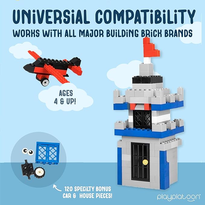 Play Platoon 1100 Pieces Building Bricks Set - 10 Classic Color Blocks - Bulk Building Blocks Compatible with Major Brands - 14 Different Shape Bricks - Includes Wheels Tires Axles Windows &amp Do