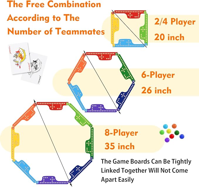 Colorful Jokers and Marbles Board Game Pegs and Jokers Card Game for 2-8 Players Double-Side Painted Solid Wooden Game Boards with 8 Color 48 Marbles 4 Decks of Cards