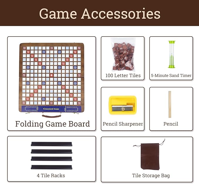 Wooden Folding Crossword Board Game – Word Game Set with 100 Letter Tiles Sand Timer Pencil Racks &amp Bag – Portable Wooden Game for Adults &amp Family