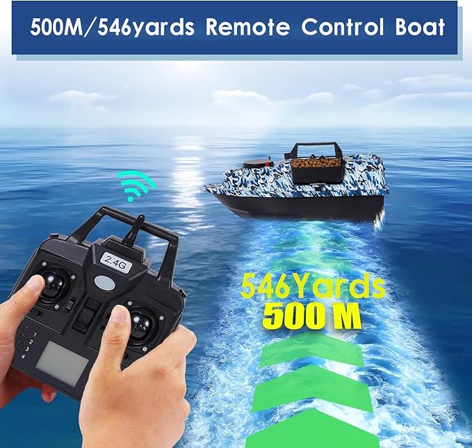 RC Bait Boat 546-Yard Range GPS Fishing Bait Boat with 4 Waypoint Auto Cruise 4.4lbs Capacity 3 Hoppers Dual Battery &amp Motor System