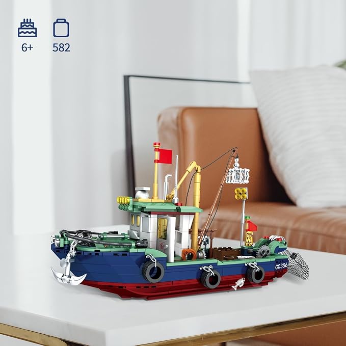 Fishing Boat Building Blocks Sets Boat Sea Fishing Building Blocks Toy Set Collection Decoration Gifts for Boys and Girl Ages 6-12 Years Old and up 582 Pcs