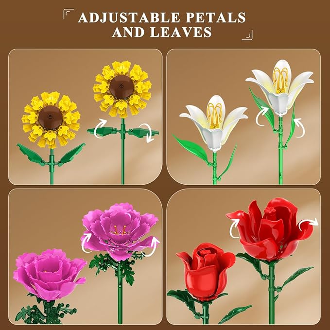 Flower Bouquet Building Set Easter 18 Flowers Rose Building Block Botanical Collection Building Block Toy Plant Home Decor 1015 PCS Gift for Her Adults Women Kids Boys Girls 12+