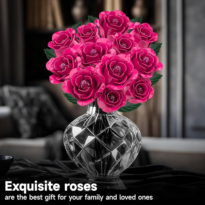 12 Everlasting Pink Roses Bouquet Building Set Gothic Home Office Table Centerpiece Flowers Decor with Heart-Shaped Gift Box Base Perfect Valentine's Day Gift for Her Mom Girlfriend or Wife