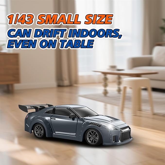 ACAMMZAR Mini RC Drift Car with Gyro 1:43 4WD Full Proportional RC Cars 18KM/H High Speed Remote Control Car with Lights Extra Racing Tires Vehicle for Adults Kids Boys Light Gray