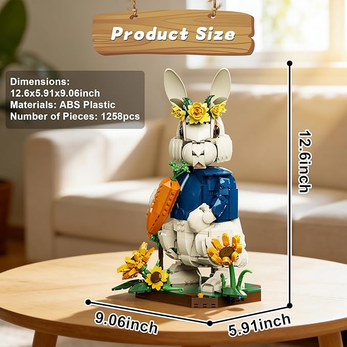 Easter Wonderland Bunny Building Blocks Set Compatible with Lego Easter Creator Cute Rabbit Toys with Carrot &amp Sunflower Display Base Creative Gift for Kids Girls Adults