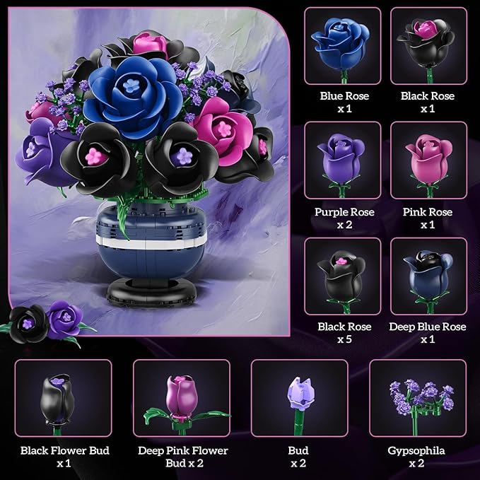 Flowers Botanicals Building Set - Artificial Purple Black Rose Bonsai Plant for Home Decor 507PCS Artificial Flowers Building Set Indoor Gothic Decoration Easter Birthday Gifts for Adults
