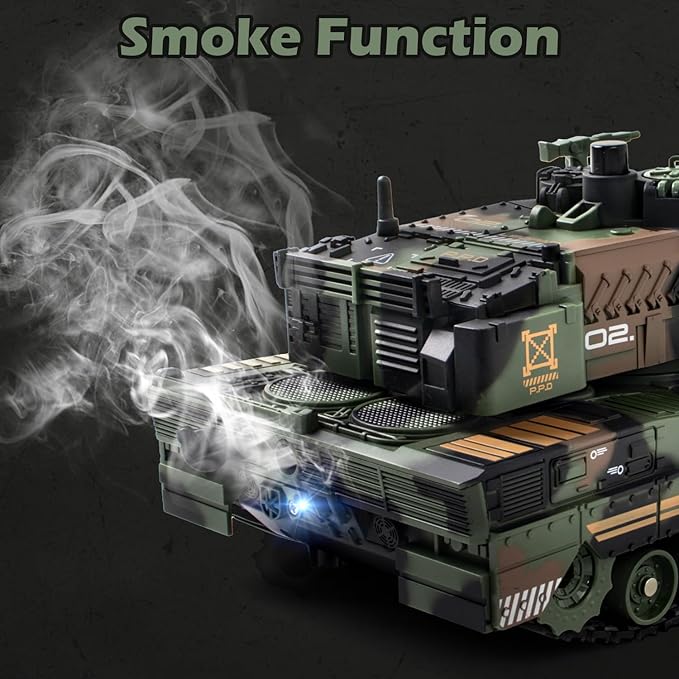 1:24 RC Tank-2.4G Remote Control Army Tank That Shoot BBS with 360° Rotating Turret Auto Demo Sound Light and Smoke All-Terrain Climbing RC Military Vehicle Toy Gift for Boys Ages 6-12