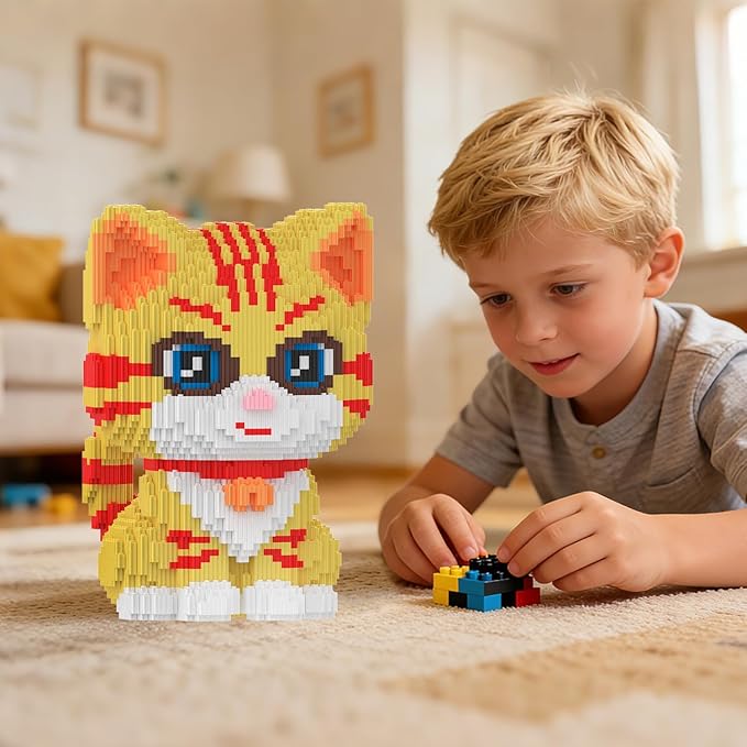 Cat Building Blocks with Organizer Bins | Yellow | Micro 3D Animal Building Blocks | 3000PCS | Gift for Adults and Kids | Home &amp Office Decor | RQ8889