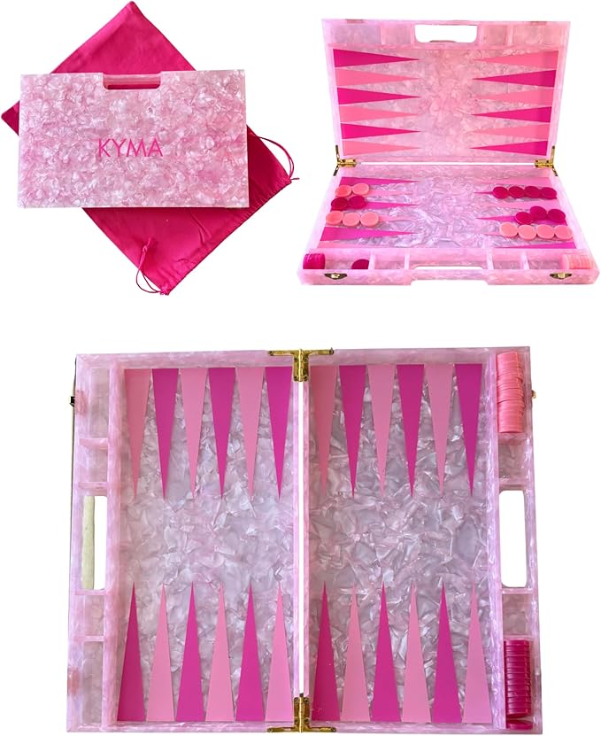 Luxury Backgammon Set Board Game with Dust Bag Marbled Pink with Gold Hardware Acrylic Material 14 Complete Game Pieces for Adults and Kids