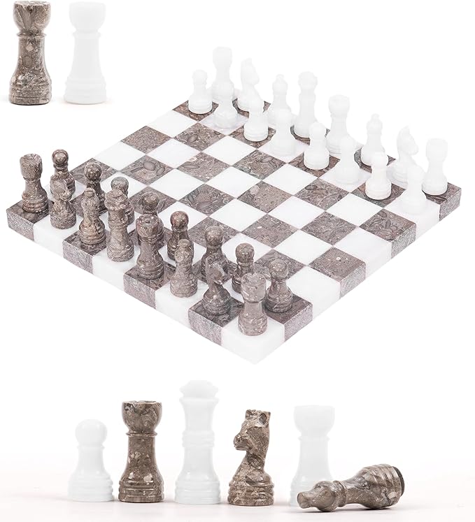 Marble Chess Set 10 Inch White &amp Oceanic Luxury Chess Board Set with 32 Pieces &amp 2 Extra Queens Classic 2 Player Game for Adults Travel &amp Home Decor Friendly