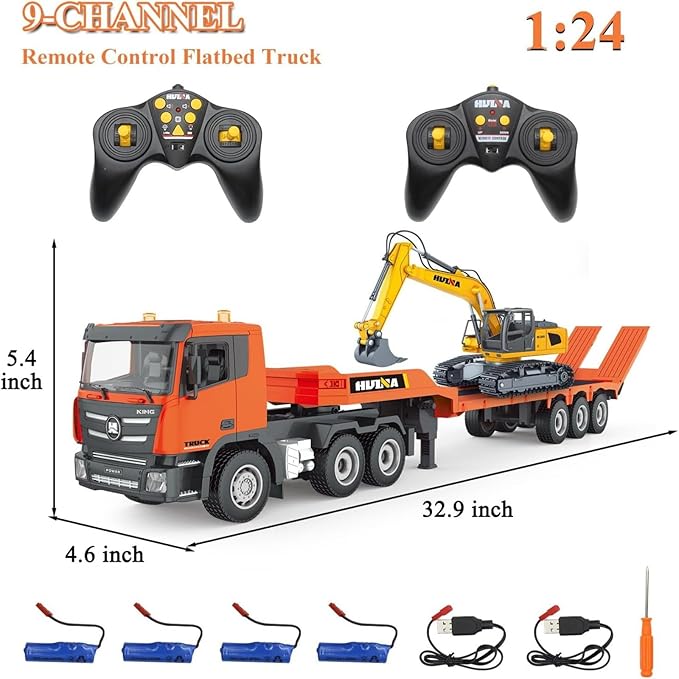 Fistone RC Semi Truck &amp Excavator Toy Set 2.4Ghz Remote Control Flatbed Truck with Excavator Toys 1:24 RC Semi-Trailer Engineering Tractor with Sound and Lights Construction Vehicles Toy for Bo