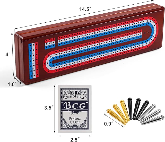 Cribbage Board Game Set with Large Storage Area Solid Wood 3 Track Cribbage Board 9 Metal Pegs 2 Playing Cards and Instruction. Travel Cribbage Sets for All Ages(Vintage Color).