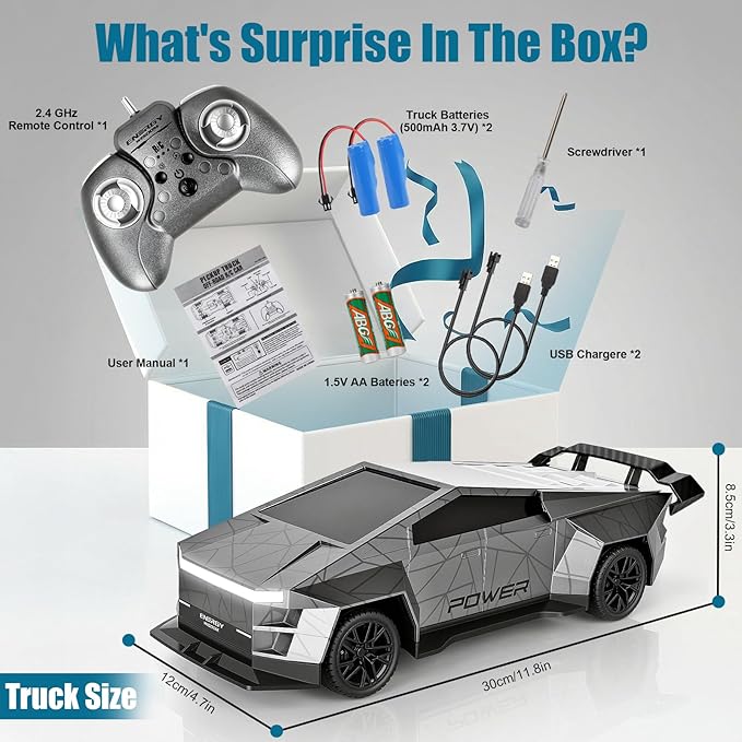 Remote Control Car/RC Truck – 2.4 GHz All-Terrain Cyber Vehicles with One-Touch Demo and Three Adjustable LED Light Effects Off-Road Pick-Up Hobby Monster Truck Toys Gifts for Boys/Girls Aged 3+