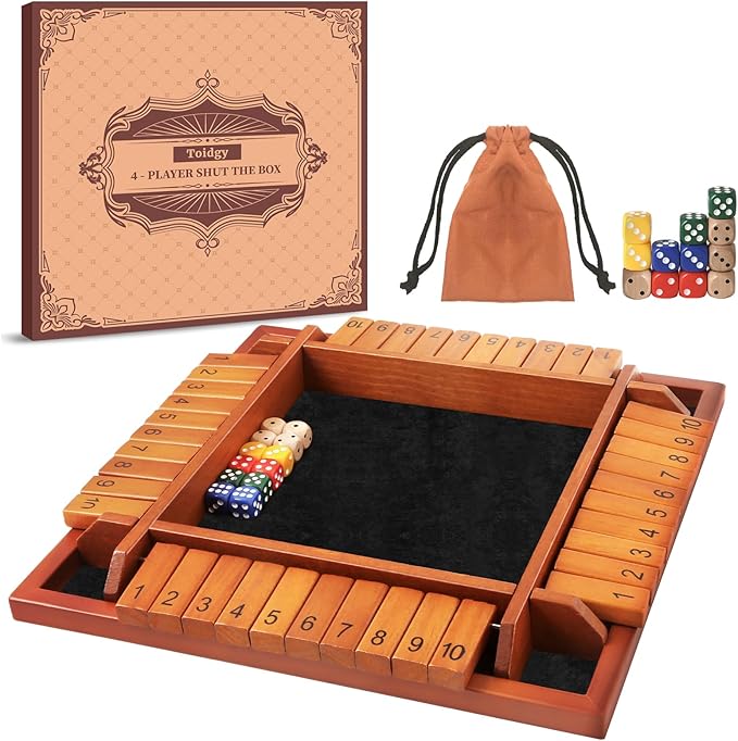 4 Players Shut The Box Dice Games Wooden Board Table Math Game with 12 Dice and Instructions Classics Close The Box Board Game for Adults Kids Family Classroom Home or Bar