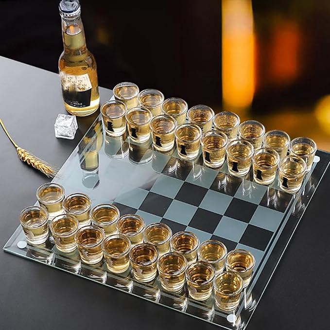 Shot Glass Chess Set – 13.78 Chess Board with 32 Mini 1.89 Shot Glass Pieces Fun Drinking Chess Game for Adults Party Game &amp Novelty Gift