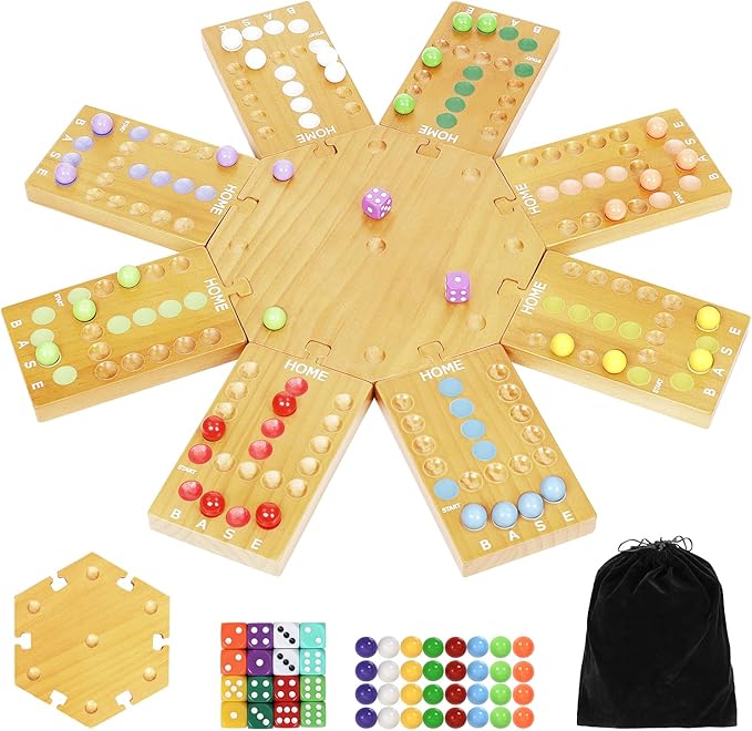 Marble Board GameWooden Board Game for 6-8 PlayersPortable Design Marble Game with 32 Marbles 16 Dice Family Game Night Gift for Kids &amp Adults
