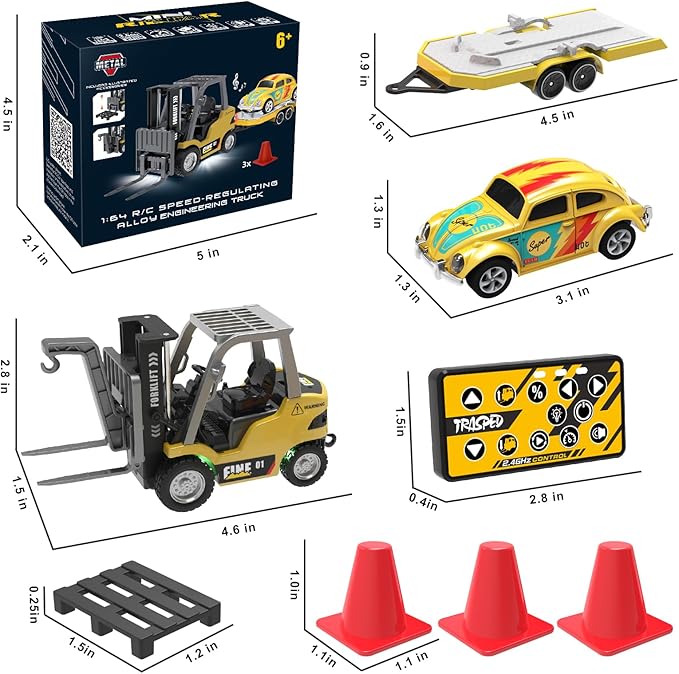 1/64 RC Forklift ToyToys for 6 7 8 9 Year Old Kids Boys2 in 1 Transformable Lift Fork &amp Hook with Lights &amp SoundsRemote Control Car with TrailerRC Construction Toys Kids Gifts