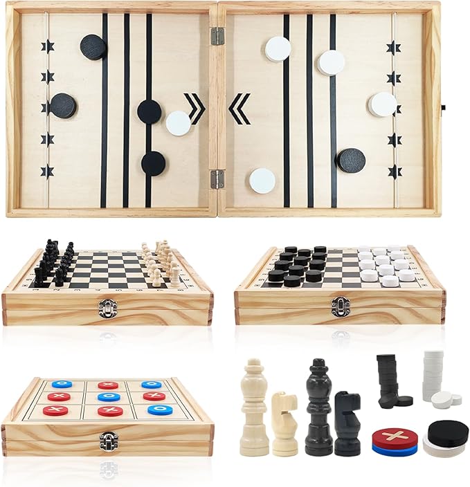 4 in 1 Wooden Fodable Fast Sling Puck Game Set – Chess Tic Tac Toe Checkers Board Game for Kids &amp Adults Portable Tabletop Family Toy for Travel &amp Game Night