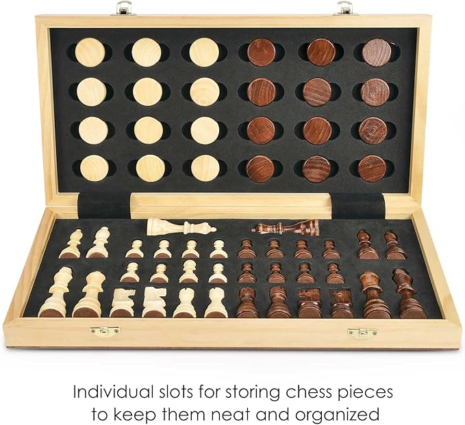AMEROUS 15'' Magnetic Wooden Chess &amp Checkers Game Set -2 Extra Queens -24 Cherkers Pieces - Chessmen Storage Slots Beginner Chess Set for Kids and Adults Classic 2 in 1 Board Games